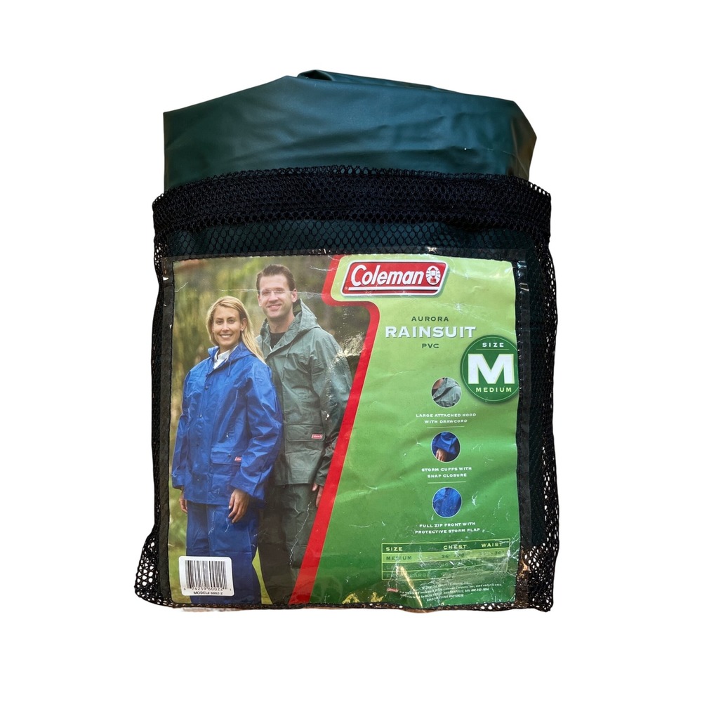Coleman Aurora Rainsuit M Forest Green PVC Hooded Jacket Pant Set Camping Unisex